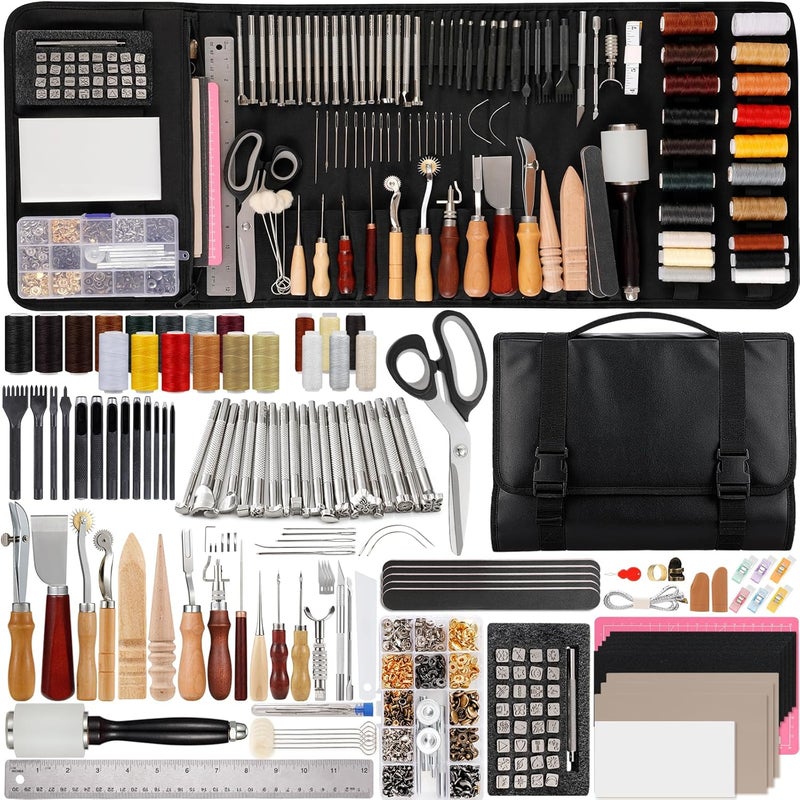 Nicpro طقم أدوات الجلد 160 قطعة مع حقيبة تخزين، أدوات صناعة الجلد الاحترافية لتخريم الخياطة والنقش والقطع واللكم - Image 1